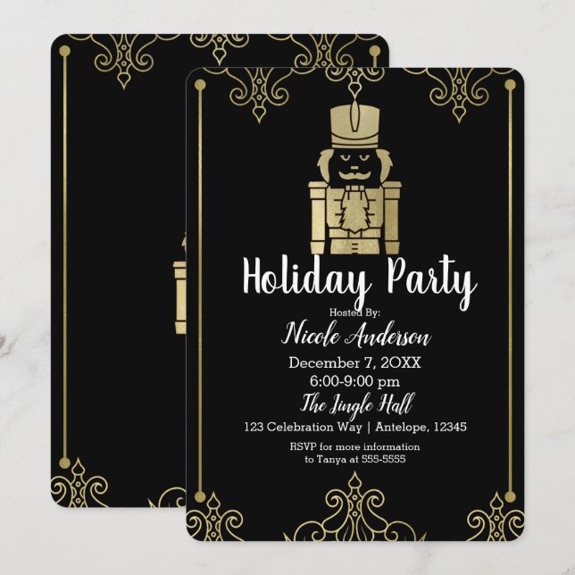 Invitation Casse-noix élégant doré et noir pour fête de fin d (Devant / Derrière)