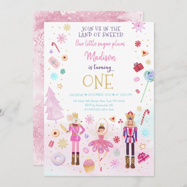 Invitation Casse-noix Pays des douceurs Hiver Premier anniver (Devant / Derrière)