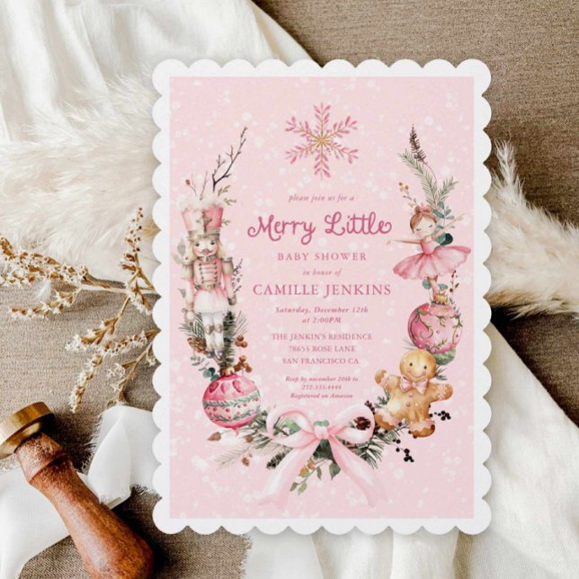 Invitation Casse-noix rose Joyeux petit Baby shower (Christmas Girl baby shower invitation)
