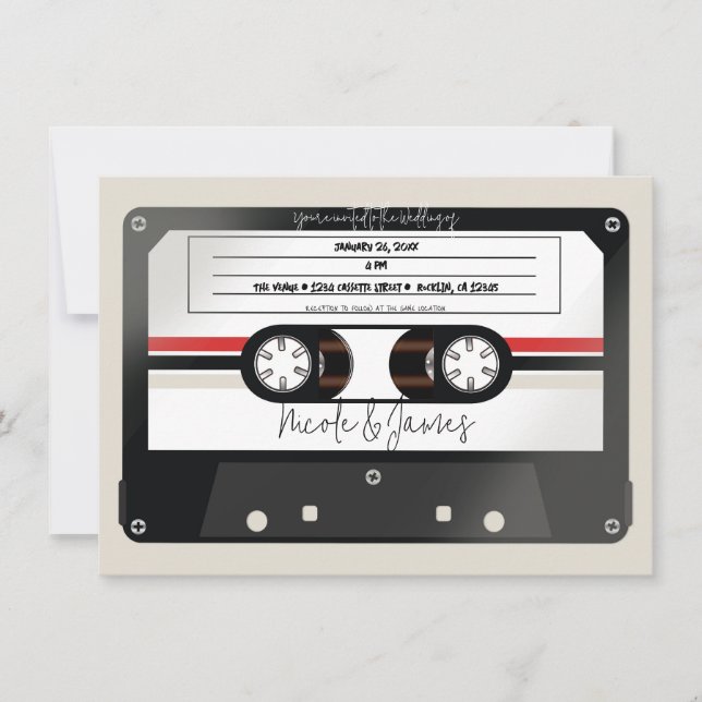 Invitation Cassette Audio Rétro Beige Gris 80's 90's Mariage (Devant)