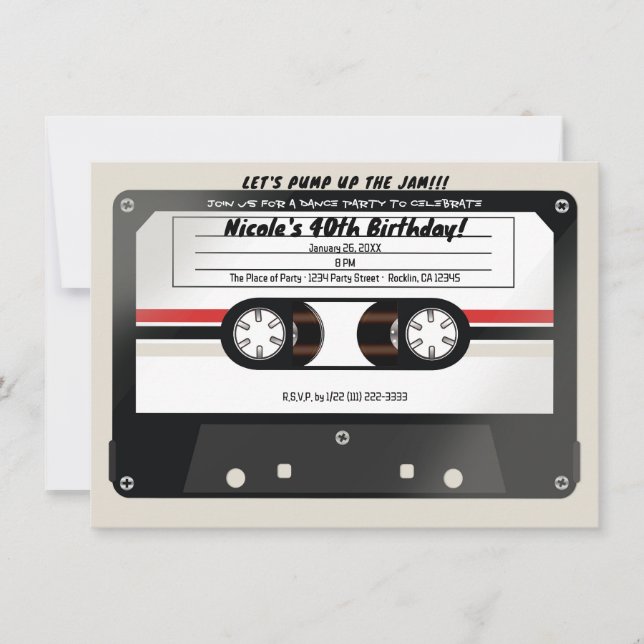 Invitation Cassette Audio Rétro Beige Gris Soirée Anniversair (Devant)