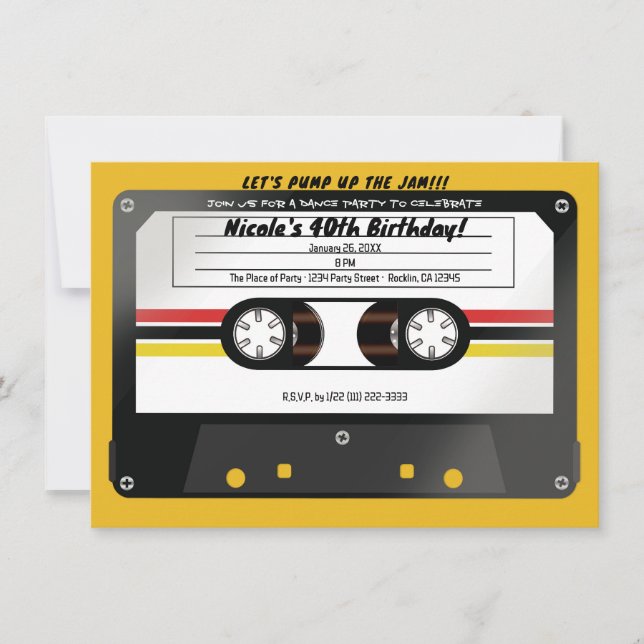 Invitation Cassette Audio Rétro Jaune Soirée D'anniversaire 9 (Devant)