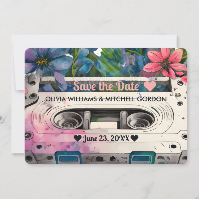 Invitation Cassette Rétro | Fleur de Mariage Enregistrer la D (Devant)