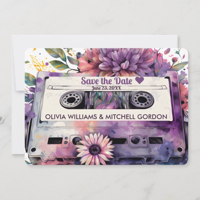 Invitation Cassette Rétro | Floral Mariage Enregistrer la Dat (Devant)
