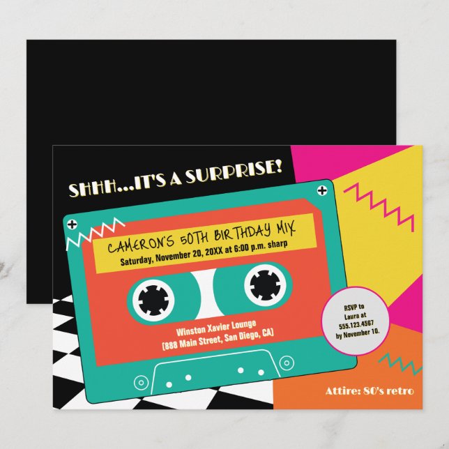 Invitation Cassette RUBAN Surprise 50e Anniversaire Rétro 80s (Devant / Derrière)