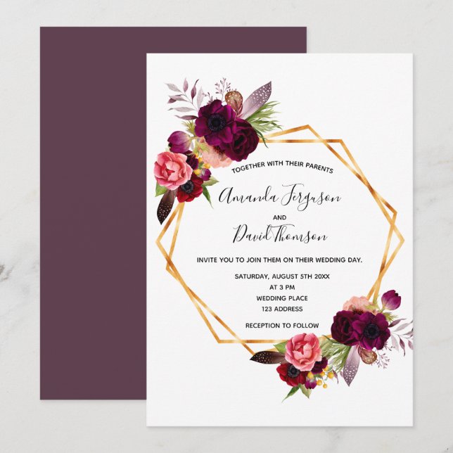 Invitation Cassis flores bordeaux or mariage géométrique (Devant / Derrière)