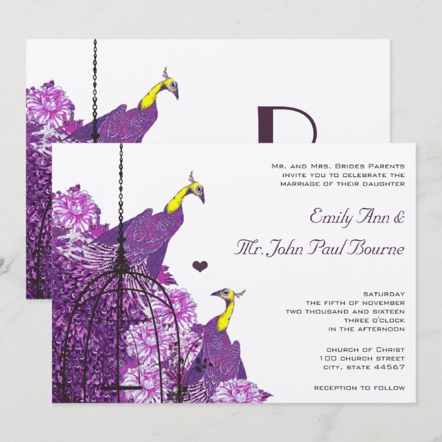 Invitation Cassis Neo Citron Violet Peacock Peony Birdcage (Devant / Derrière)