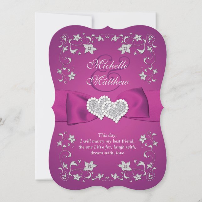Invitation Cassis violet, Argent, Floral, Mariage des Coeurs (Devant)