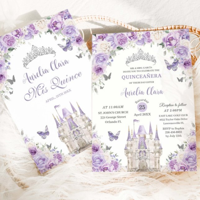 Invitation Castle Princess Floral blanc violet Quinceañera XV (Créateur téléchargé)