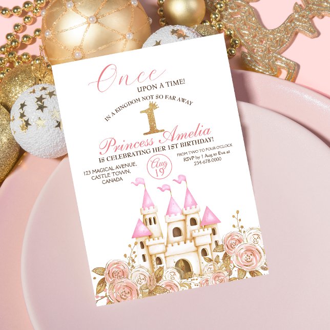 Invitation Castle Princess Pink and Gold 1er anniversaire (Créateur téléchargé)
