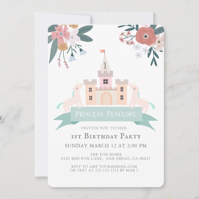 Invitation Castle Princess Unicorn Floral Girl 1er anniversai (Devant)