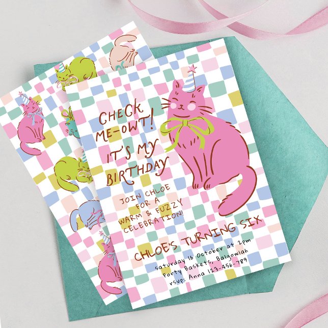 Invitation Cat Birthday Invite, Girls Party Invite, Retro Cat (Créateur téléchargé)