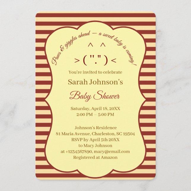 Invitation Cat Cream Burgundy Stripes Baby Shower  (Devant)