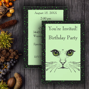 Invitation Cat Face Vert Yeux Whiskers sur Pois verts