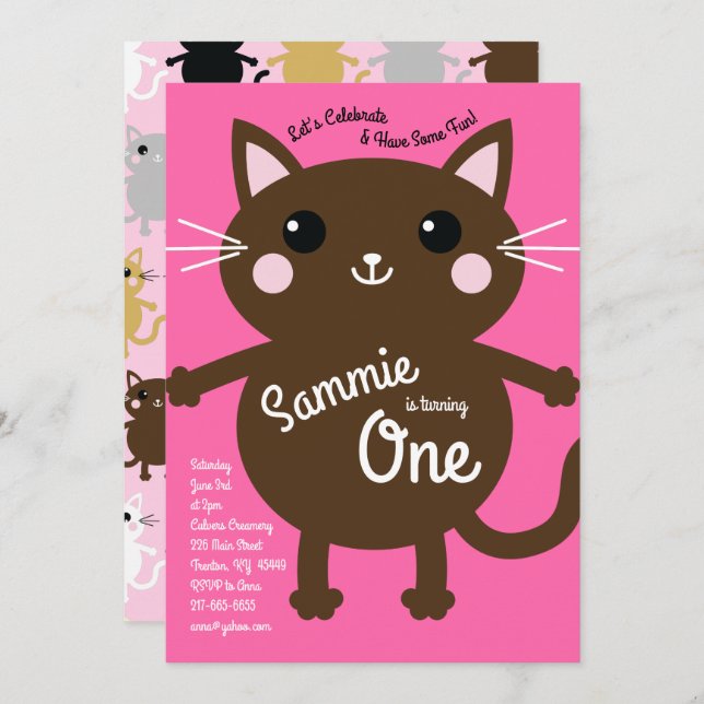 Invitation Cat Kid's Birthday Party Cute Kitty (Devant / Derrière)