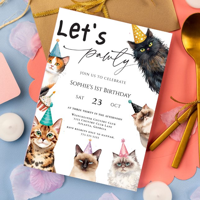 Invitation Cat Let's Pawty Kitten mignon 1er anniversaire (Créateur téléchargé)