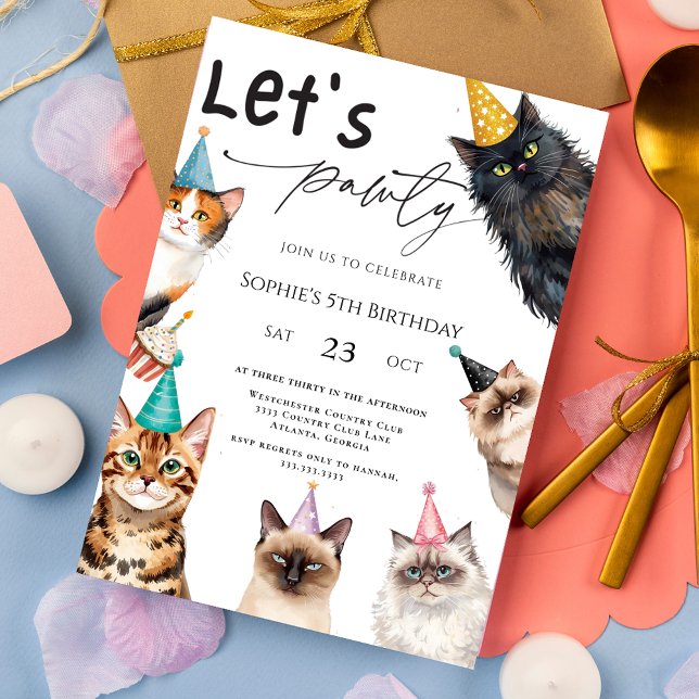 Invitation Cat Let's Pawty Kitten mignonne fête 5e anniversai (Créateur téléchargé)