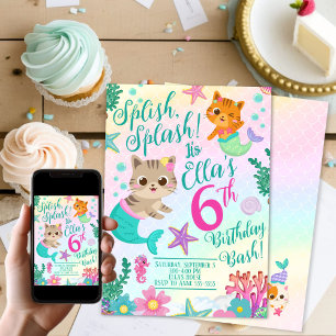 Invitation Cat Meowmaid Fille Sirène Fête d'anniversaire