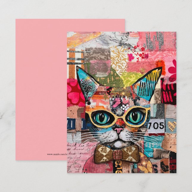 Invitation Cat Mixed Mixed Paper Collage Greeting Card (Devant / Derrière)