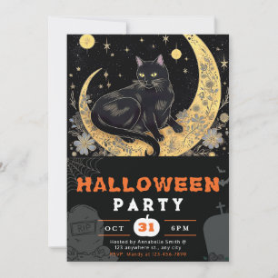 Invitation Cat noir croissant lune florale Halloween noir
