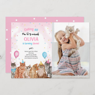 Invitation Cat Pawty Animaux Fille Photo d'anniversaire