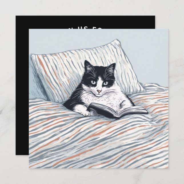 Invitation cat reading in bed (Devant / Derrière)