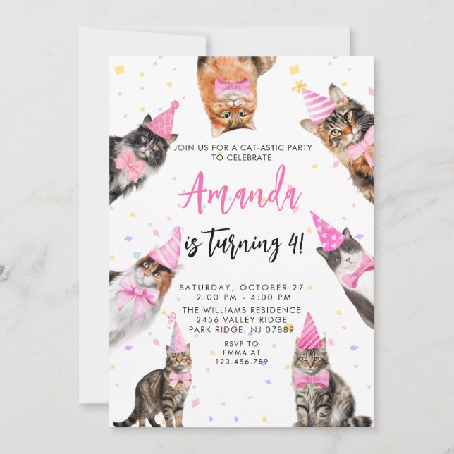 Invitation Cat Theme PINK FILLE Anniversaire (Devant)
