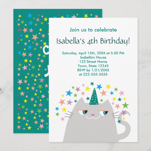 Invitation Cat Unicorn Cute Girl'anniversaire (Devant / Derrière)