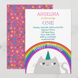 Invitation Cat Unicorn et Rainbow Baby Girl First Birthday