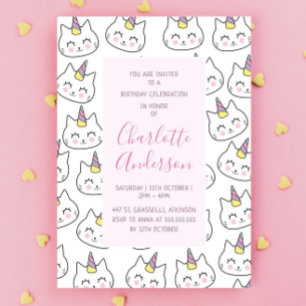 Invitation Cat Unicorn Motif Turquoise rose fête d'anniversai