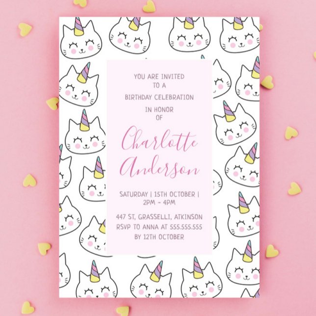 Invitation Cat Unicorn Motif Turquoise rose fête d'anniversai (Créateur téléchargé)