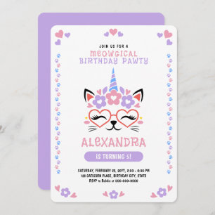 Invitation Cat Unicorn violet bleu rose fête d'anniversaire