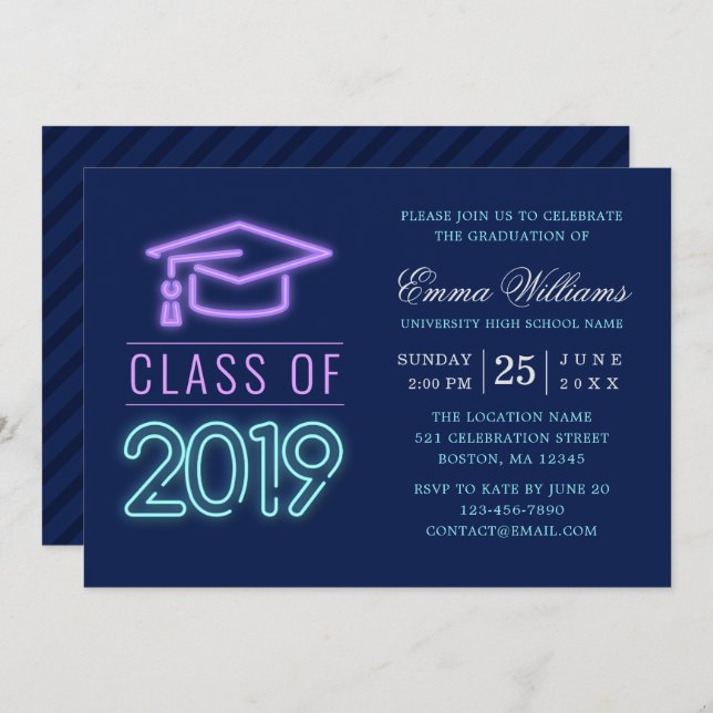 Invitation Catégorie 2019 | Moderne Cool Neon Blue Graduation (Devant / Derrière)