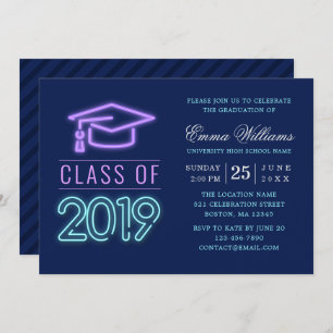 Invitation Catégorie 2019   Moderne Cool Neon Blue Graduation