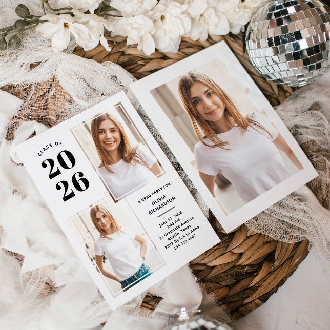 Invitation Catégorie 2025 | Photo Black and White Grad Party (Créateur téléchargé)