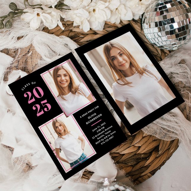 Invitation Catégorie 2025 | Photo Pink and Black Grad Party (Créateur téléchargé)