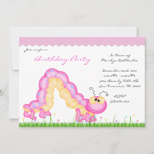 Invitation Caterpillar rose sucré CUTE Fête d'anniversaire (Devant)