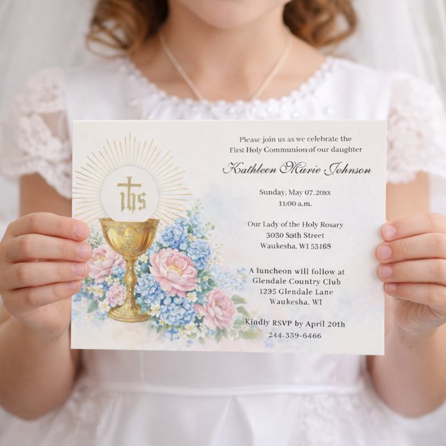 Invitation Catholic First Communion Chalice Host Floral (Créateur téléchargé)
