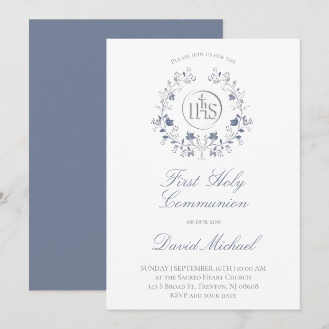 Invitation catholic first communion elegant blue wreath (Devant / Derrière)