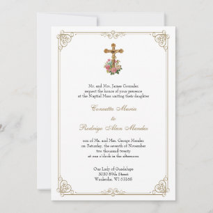 Invitation Catholique Crucifix Floral Mariage Gold