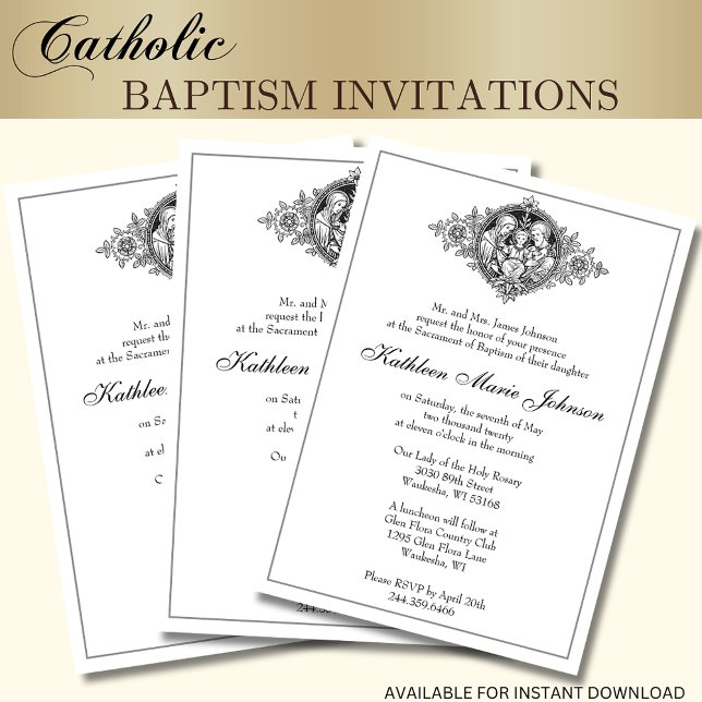 Invitation Catholique Élégant Baptême Christening Sainte Fami (Créateur téléchargé)
