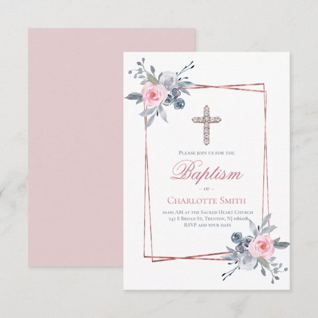 Invitation Catholique fille Baptême cadre floral (Devant / Derrière)