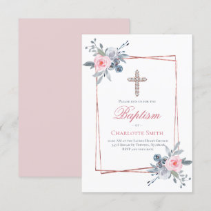 Invitation Catholique fille Baptême cadre floral