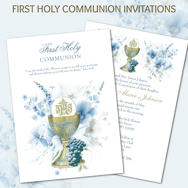 Invitation Catholique Sainte Communion Bleu Floral (Créateur téléchargé)