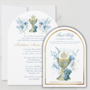 Invitation Catholique Sainte Communion Bleu Floral