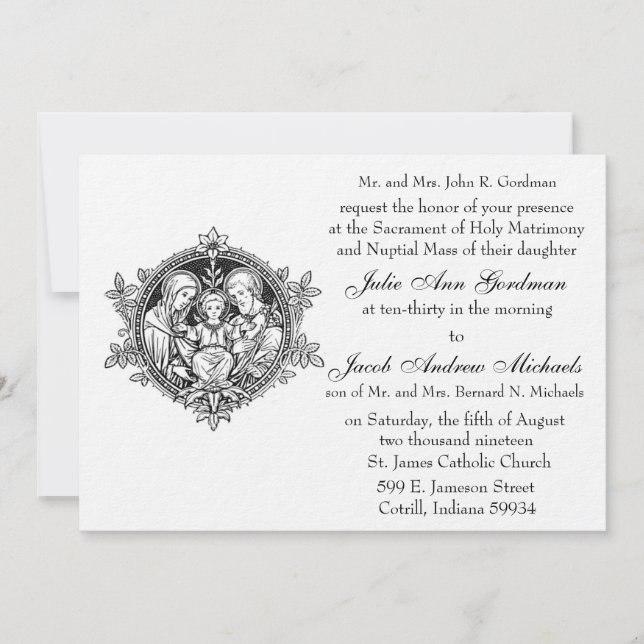 Invitation Catholique Sainte Famille Mariage noir et blanc (Devant)