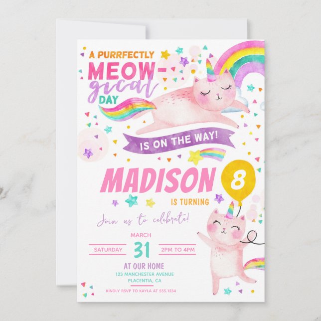 Invitation Caticorn fête d'anniversaire Chat unicorne arc-en- (Devant)