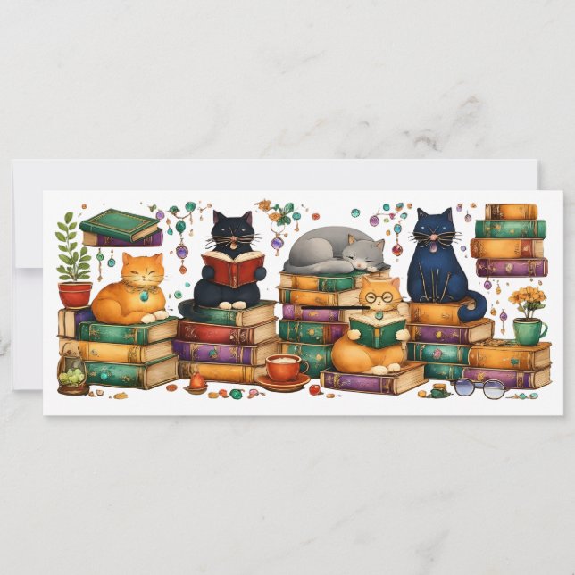 Invitation Cats Reading Books Cozy Library Scene (Devant)