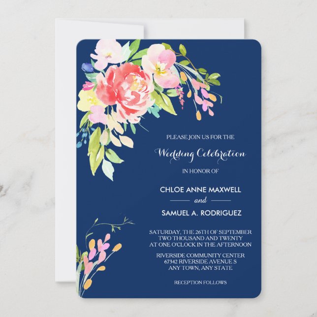 Invitation Cattails et Floral sur Mariage bleu marine (Devant)