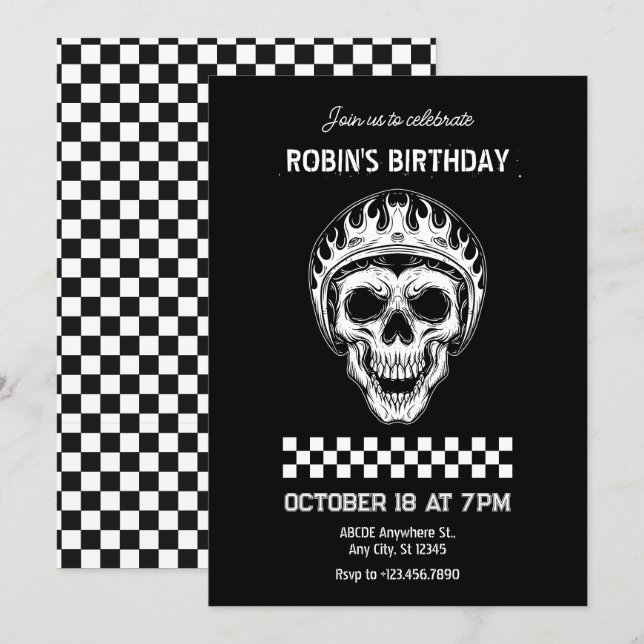 Invitation Cavalier de moto tête de crâne anniversaire (Devant / Derrière)